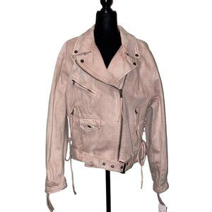 Free People Jacket Moto Washed Rose Pink Denim Lace Up Sides Belted Zippers M